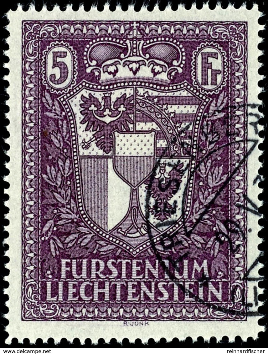 5811 1933, Landeswappen 5 Fr. Tadellos Gestempelt, Mi. 1.300,--, Katalog: 142 O - Liechtenstein