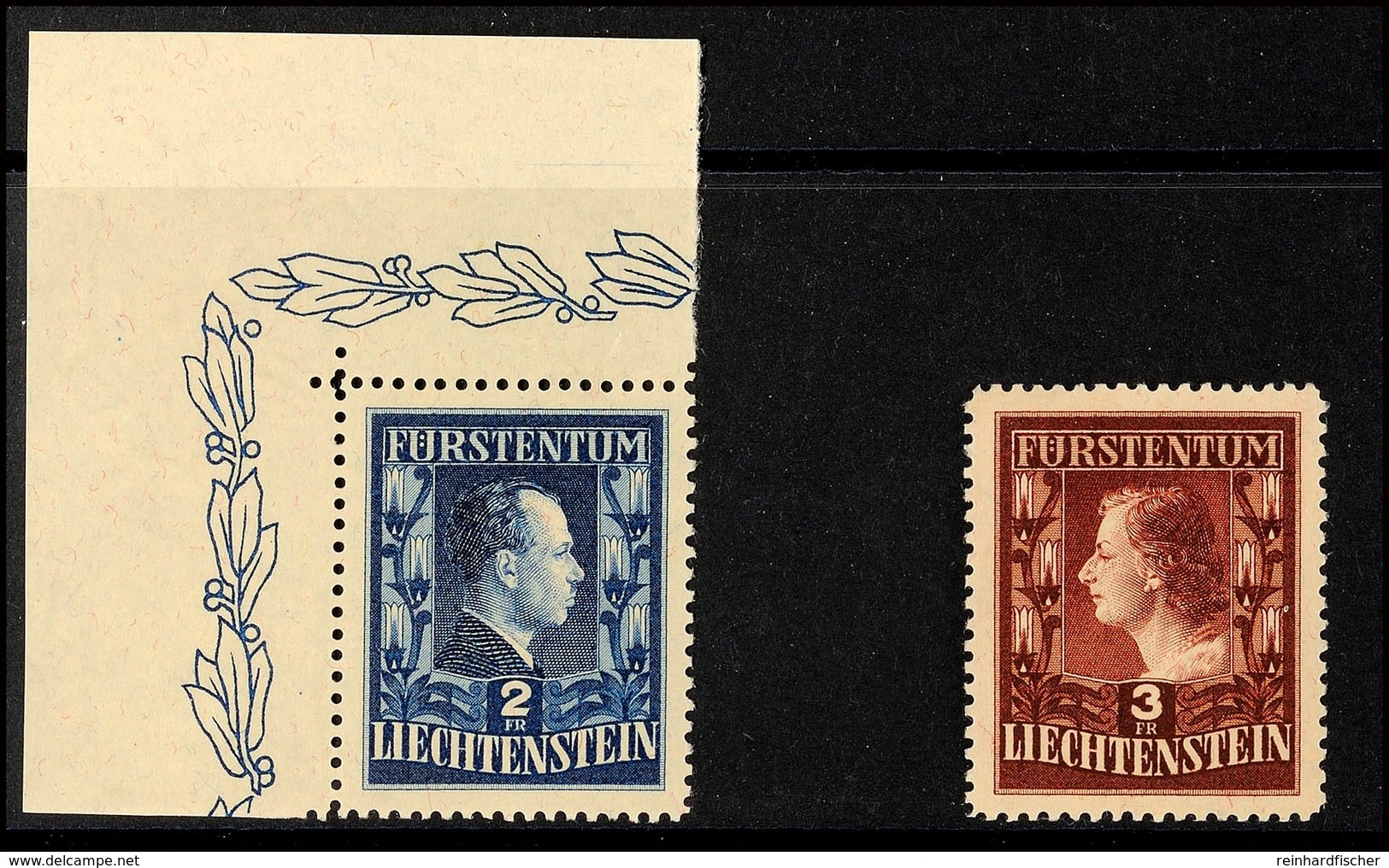 5814 2 Und 3 Fr. Fürstenpaar, Gez. 12½, Wasserzeichen 2 W, Je Postfrisch, 2 Fr. Linke Obere Bogenecke, 3 Fr. Fotoattest  - Liechtenstein