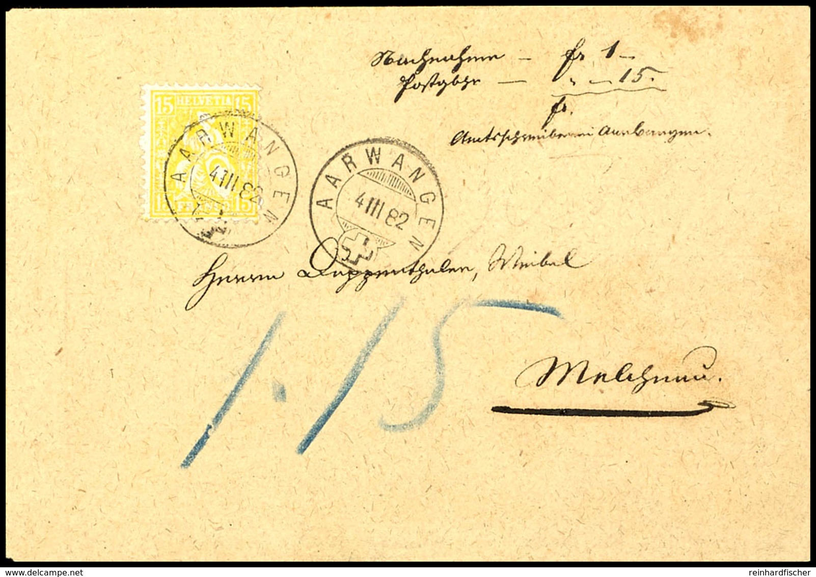 5933 15 Rp. Sitzende Helvetia Gelb, Faserpapier, Einzelfrankatur Auf Nachnahmebrief über 1,15 Fr. Aus AARWANGEN 4 III 82 - Other & Unclassified