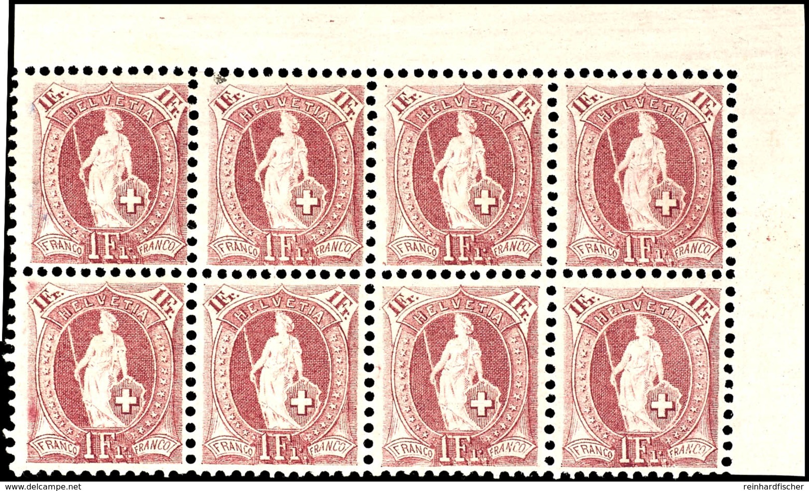 5948 1 Fr. Stehende Helvetia Lila, Gezähnt 11½ : 11, Postfrischer 8er-Block Rechte Obere Bogenecke,  Fotoattest Urs Herm - Andere & Zonder Classificatie