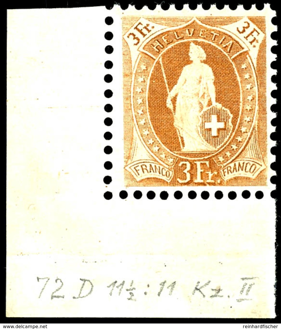 5953 3 Fr. Stehende Helvetia Gelbbraun, Gezähnt 11½ : 11, Postfrische Linke Untere Bogenecke ((mit Bleistift Beschrieben - Other & Unclassified