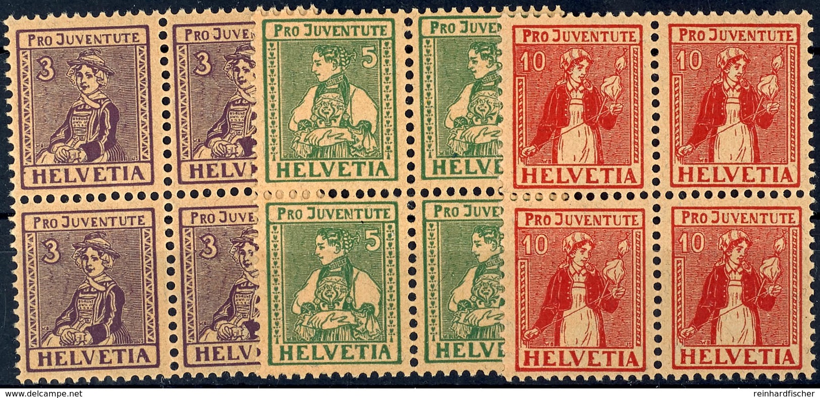 5972 Pro Juventute 1917, Kompletter Postfrischer Luxussatz Im Viererblock, Ml 400,-, Katalog: 133/35 ** - Sonstige & Ohne Zuordnung