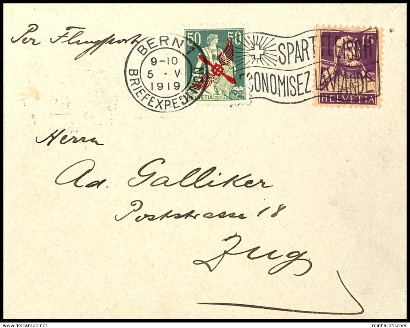 5978 1919, Flugpostmarke Gestempelt Auf Flugpostbrief Mit Zusatzfrankatur Von Bern Nach Zug, Rücks. Flugpost- Und Ankstp - Sonstige & Ohne Zuordnung