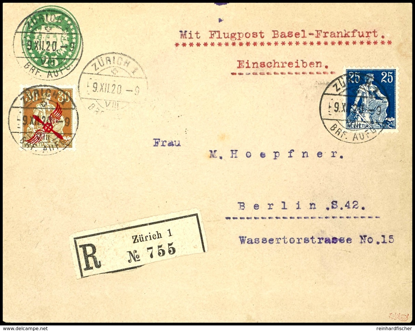 5982 30 C. Flugpost Mit Zusatzfrankatur 25C. Helvetia Auf Ganzsachenumschlag 25C. Grün Als R-Brief Von "ZÜRICH 9.XII.20" - Sonstige & Ohne Zuordnung