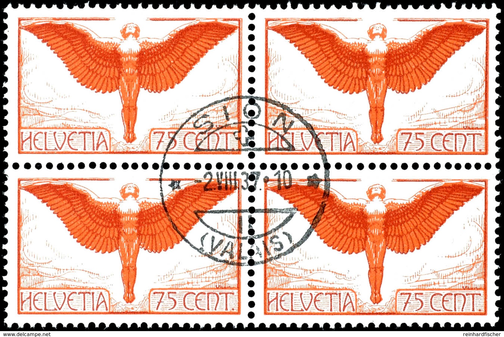 5984 75C. Flugpost Mit Geriffeltem Gummi, 4-er Block, Zentrisch Gestempelt "SION 2.VII.37", Tadellos, Signiert Moser-Räz - Andere & Zonder Classificatie