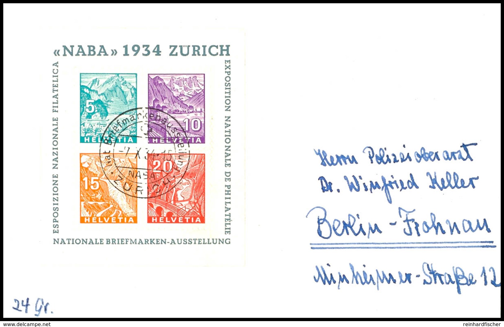 5992 Blockausgabe "Naba 1934 Zürich" Auf Nachbeschrifteten Brief, Katalog: Bl.1 BF - Sonstige & Ohne Zuordnung