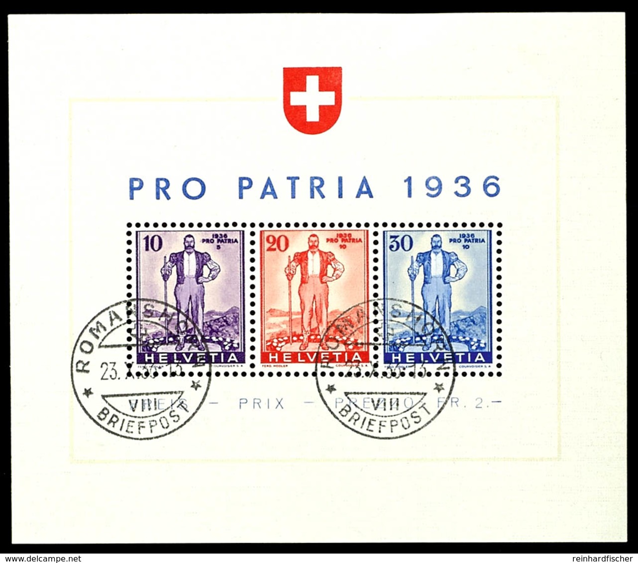 5994 1936, "Pro Patria"-Block Mit Stpl. ROMANSHORN 23.X.36 (= Ersttag), Mi. 260,-- +, Katalog: Bl. 2 O - Sonstige & Ohne Zuordnung