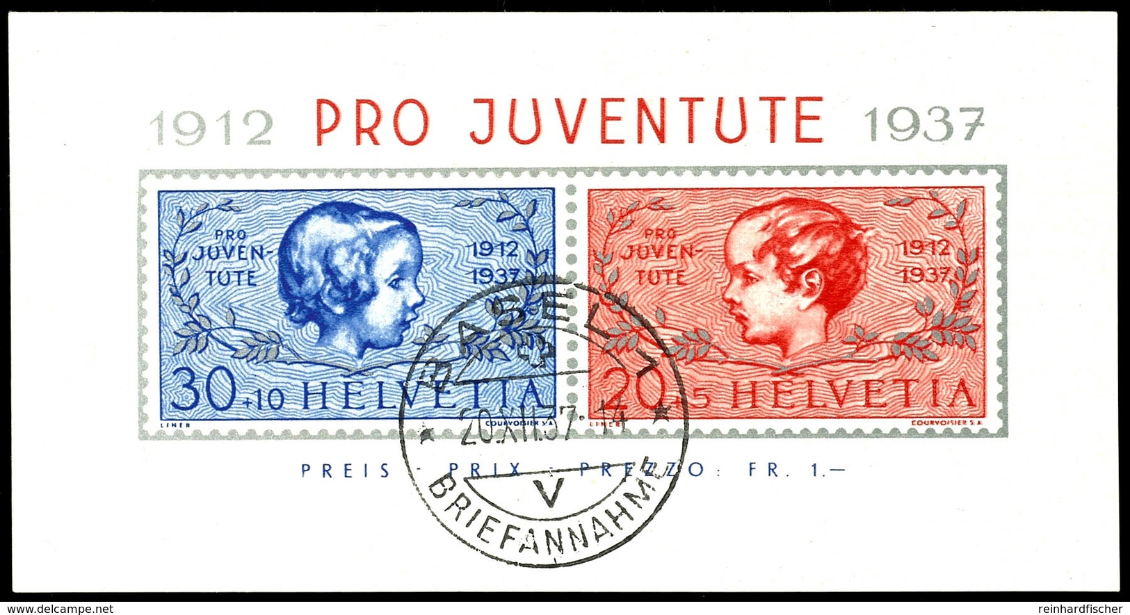 5995 1937, "Pro Juventute"-Block Mit Stpl. BASEL 20.XII.37 (= Ersttag), Tadellos, Mi. 65,-- +, Katalog: Bl. 3 O - Other & Unclassified