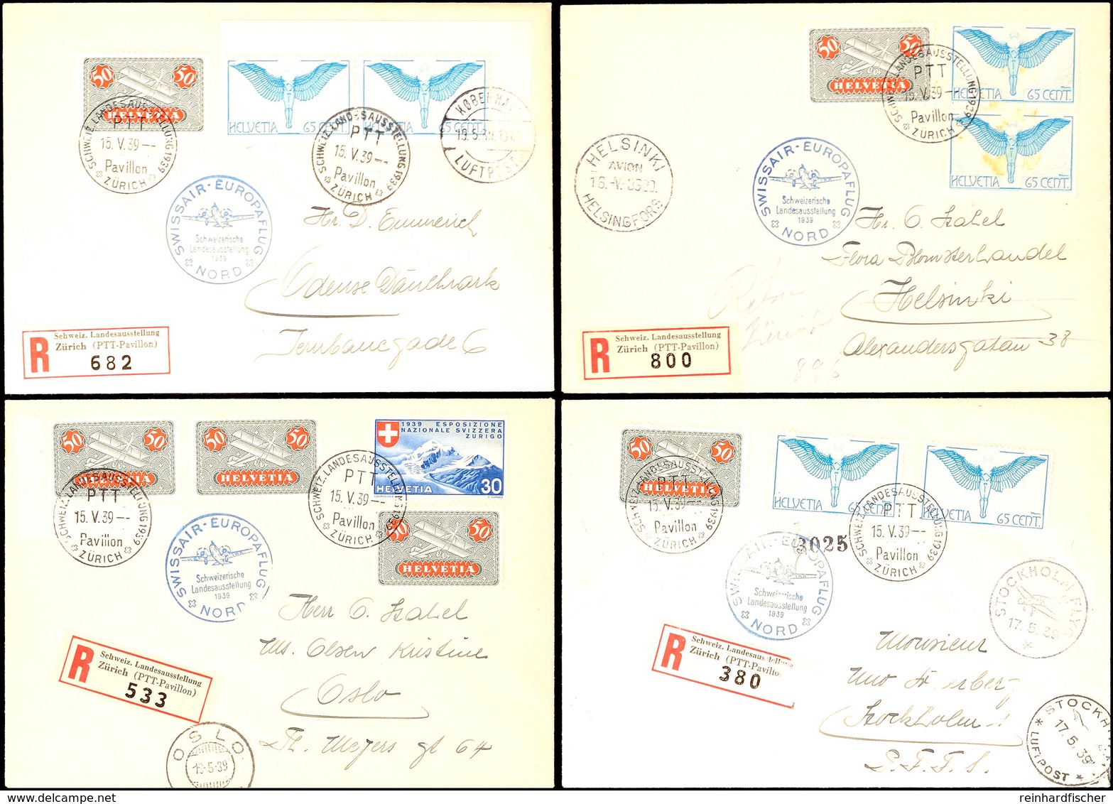 6026 1939, "SWISSAIR-EUROPAFLUG NORD Schweizerische Landesausstellung", Vier Dekorativ Frankierte Flugpost-R-Briefe (zwe - Sonstige & Ohne Zuordnung