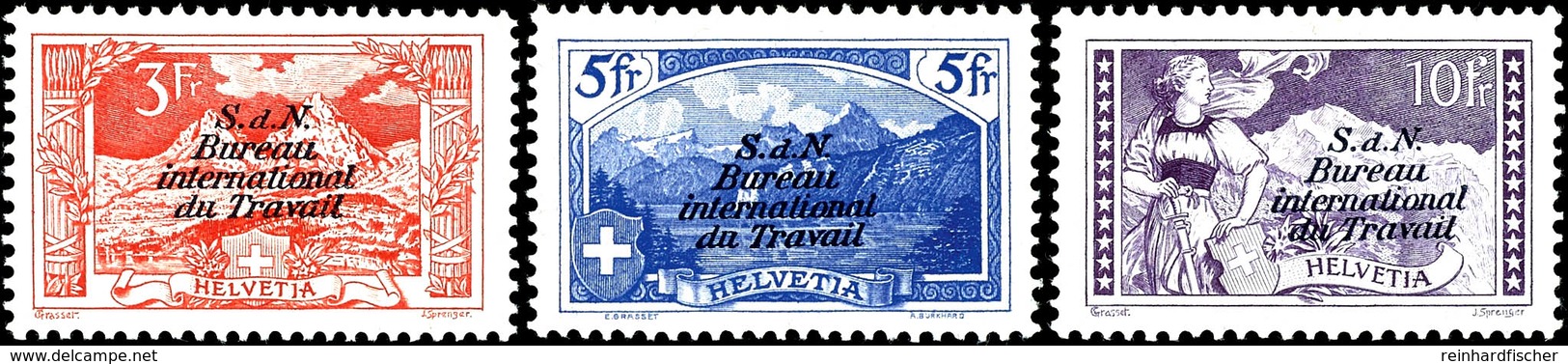 6042 1923, 3 Fr., 5 Fr. Und 10 Fr. Gebirgslandschaften Mit Aufdruck "S. D. N. Bureau International Du Travail", Tadellos - Andere & Zonder Classificatie