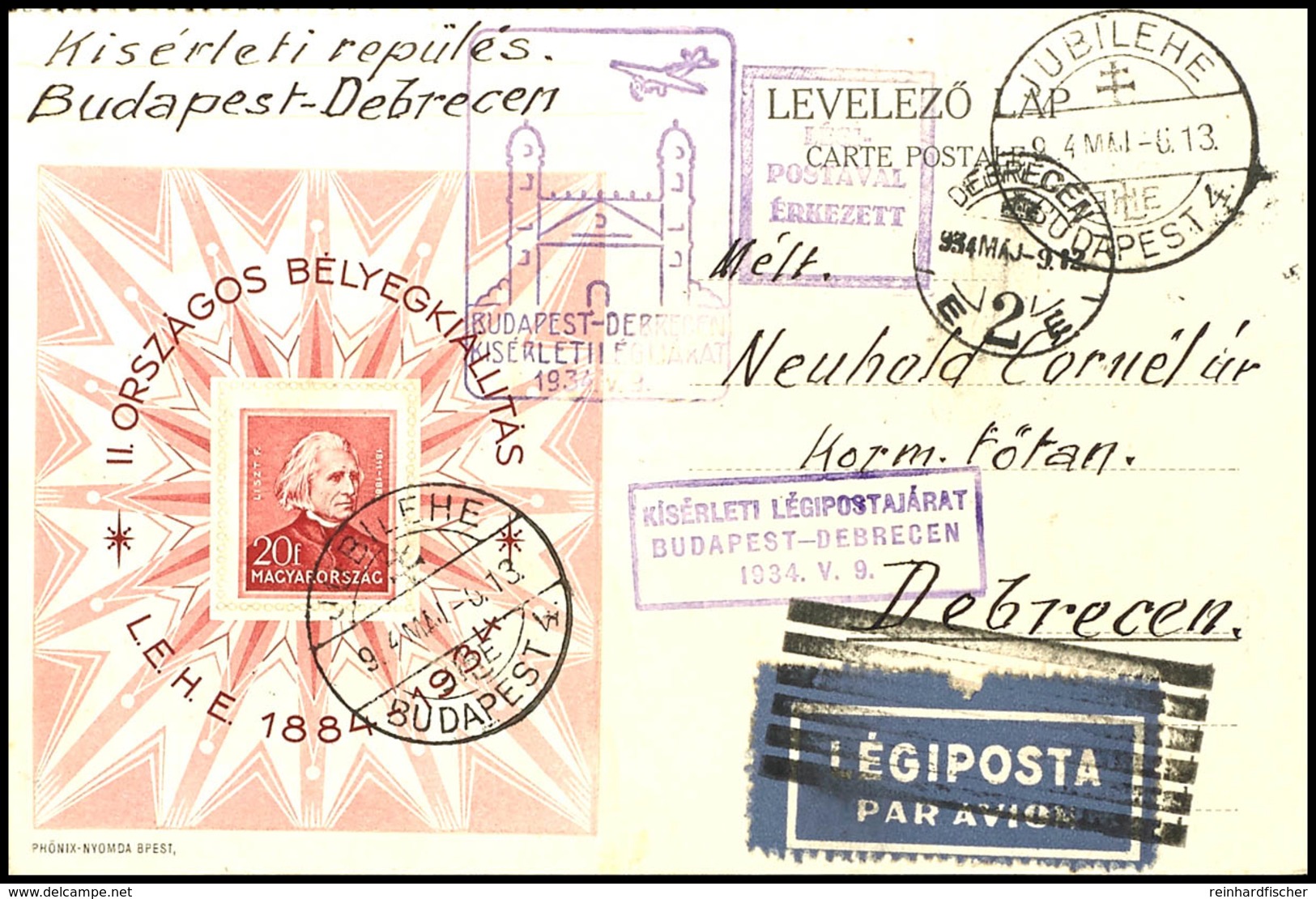 6053 20 F. Briefmarken-Ausstellungsblock Mit EST BUDAPEST 6.5.34 Auf Flugpost-Doppelkarte Nach Debrecen Mit Ankunftsstem - Sonstige & Ohne Zuordnung