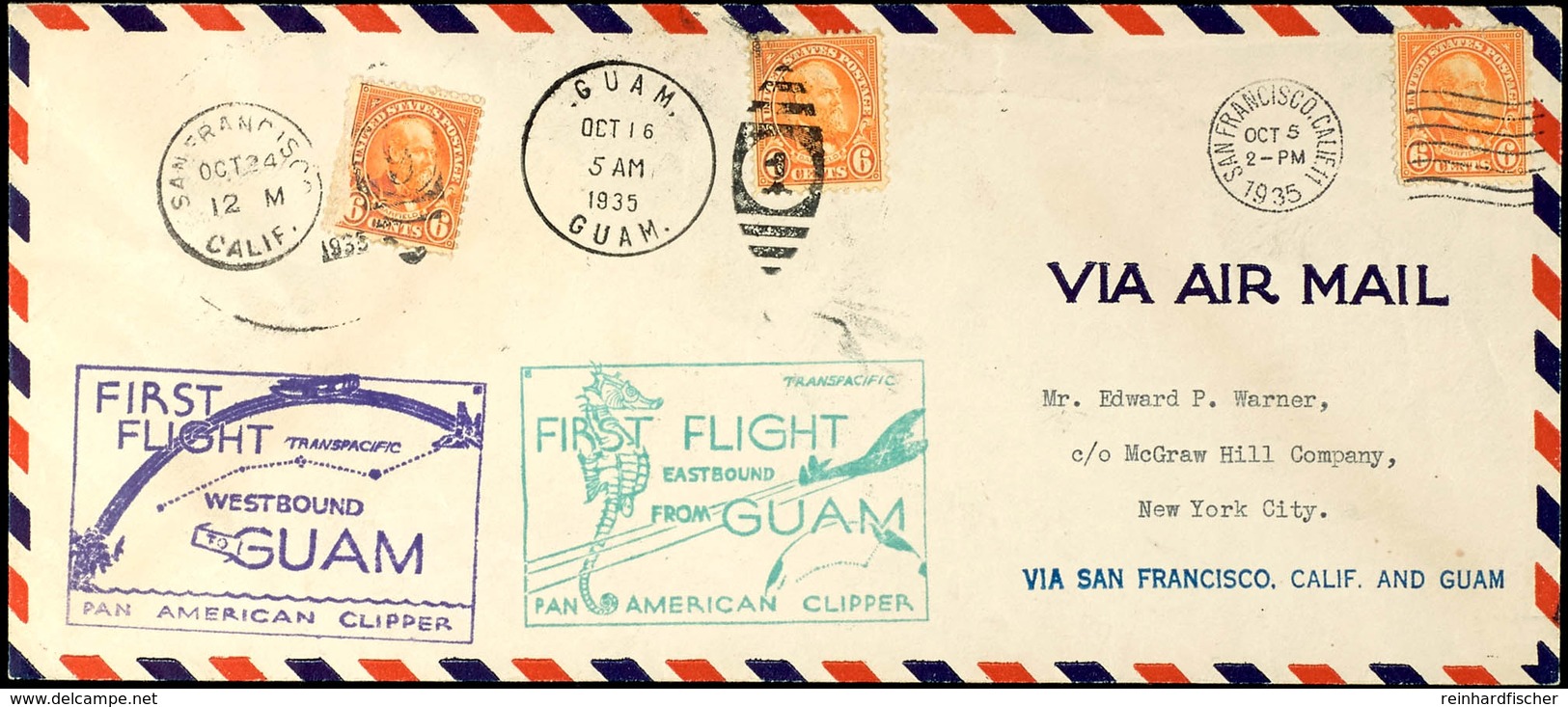 6135 1935, PAN-AM American Clipper Erstflug San Francisco - Guam - San Francisco, Brief Mit Drei Aufgabestempeln Und Fra - Andere & Zonder Classificatie