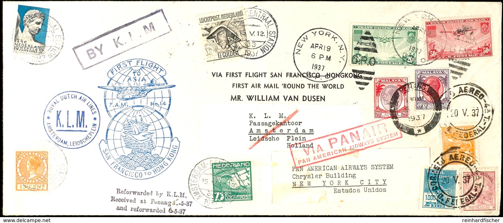 6136 1937, 19.4., Van Duesen First Airmail Around The World Flight Ab San Francisco Nach Hongkong Mit Frankaturen Und St - Other & Unclassified