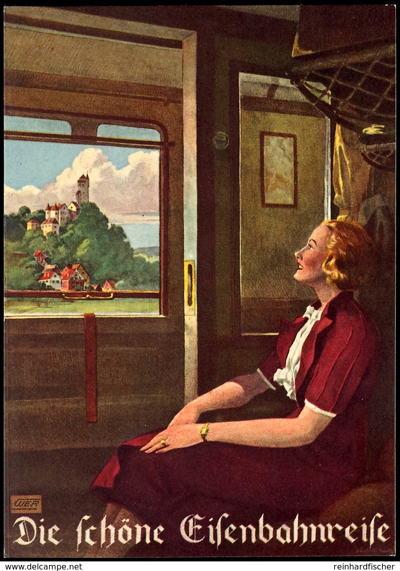 6149 Eisenbahn: Motivkarte "Die Schöne Eisenbahnreise", Frau In Zugabteil Sitzend Und Aus Fenster Auf Landschaft Mit Bur - Andere & Zonder Classificatie