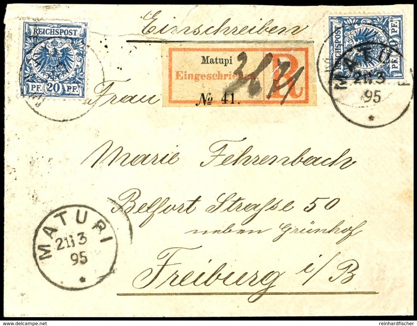 6324 20 Pfg Krone/Adler (2) Auf Einschreibebrief, Stempel MATUPI 21/3 95, Via Friedrich-Wilhelmshafen Und Sydney Nach Fr - Duits-Nieuw-Guinea