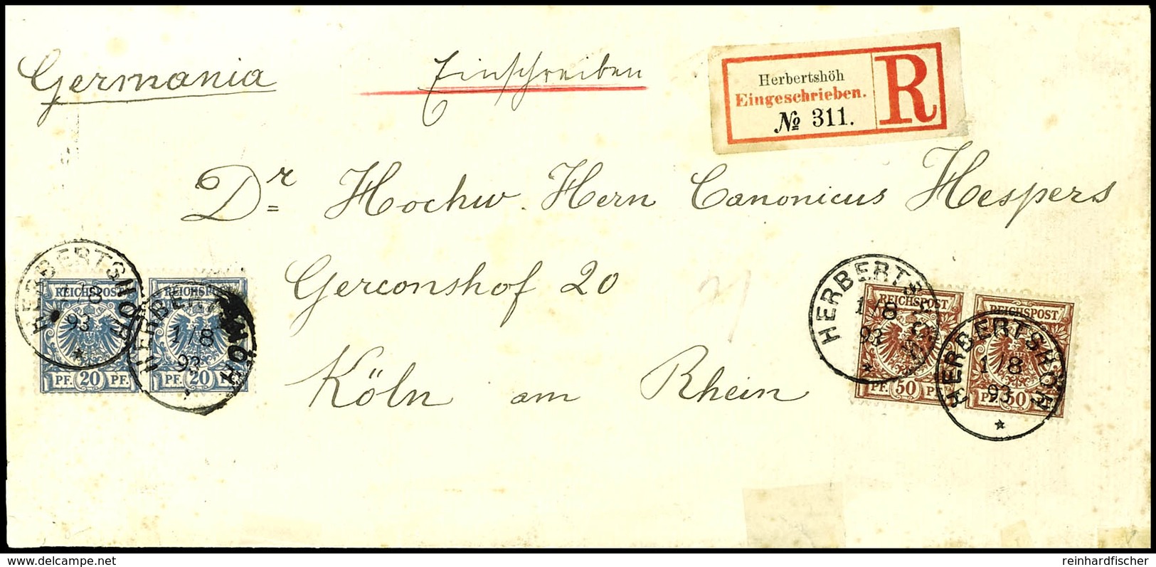 6327 20 Pfg Und 50 Pfg Krone/Adler, Jeweils Waagrechtes Paar, Stempel STEPHANSORT 1/8 93, Auf Einschreibebrief (Einschre - German New Guinea