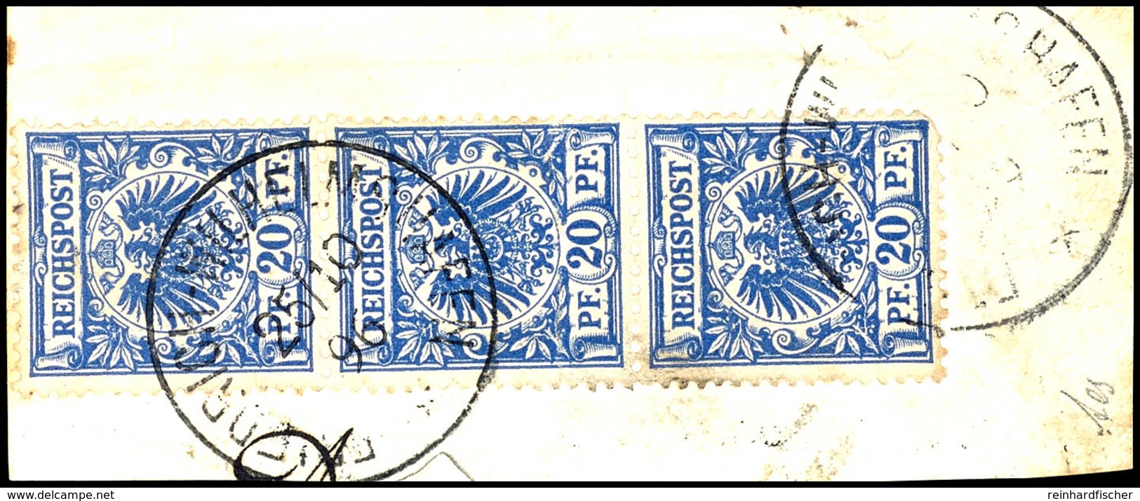 6336 20 Pfg Krone/Adler, Senkrechter Dreierstreifen (eine Marke Eckfehler), Stempel FRIEDRICH-WILHELMSHAFEN 25/10 96, Au - Deutsch-Neuguinea