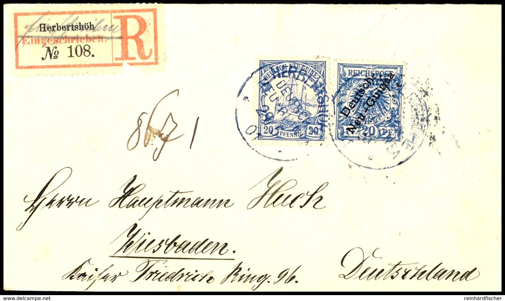 6392 20 Pfg Krone/Adler Mit Aufdruck In Mischfrankatur Mit 20 Pfg Kaiseryacht Auf Einschreibebrief, Blauer Stempel HERBE - German New Guinea