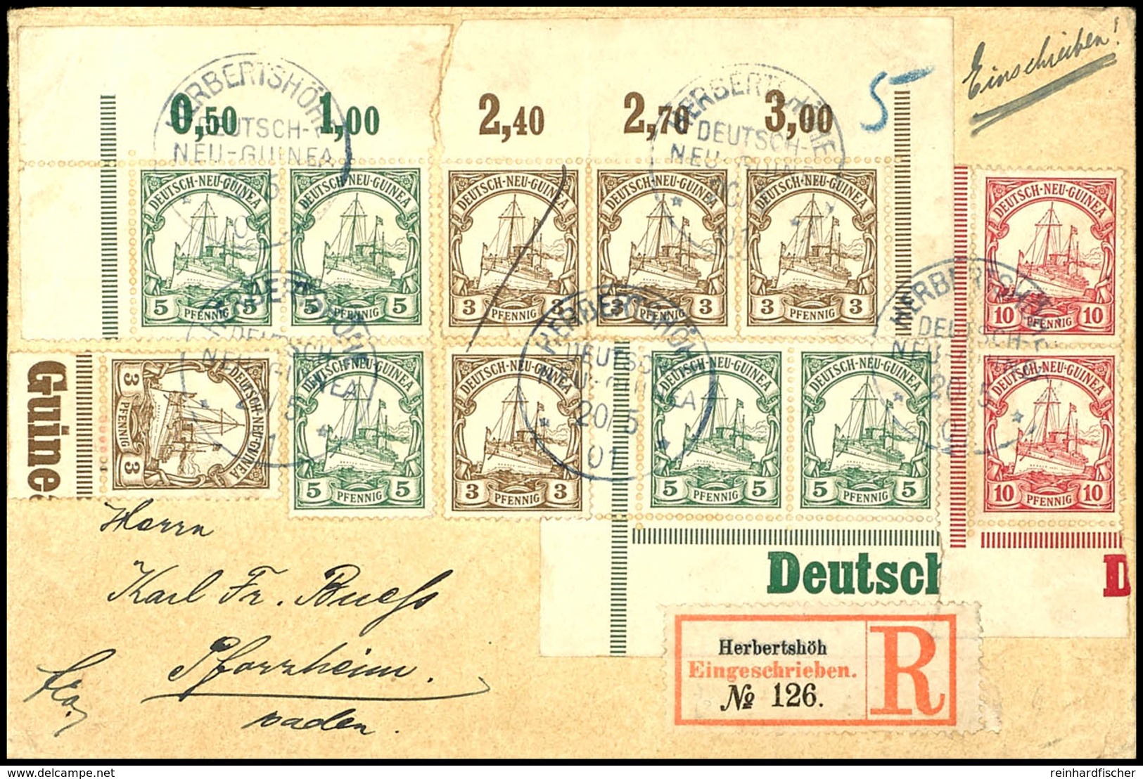 6399 3 (5), 5 (5) Und10 (2) Pfg Auf Einschreibebrief, Blauer Stempel HERBERTSHÖHE DNG 20/5 01, Nach Pforzheim. Die Marke - German New Guinea