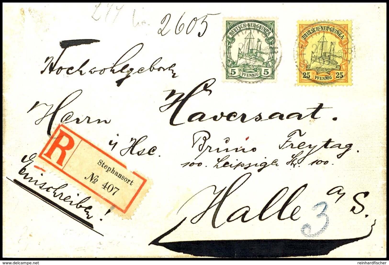 6412 5 Pfg Und 25 Pfg Kaiseryacht Auf Einschreibebrief, Stempel STEPHANSORT* 24.7. 09 Nach Halle. Rückseitig Lacksiegel  - German New Guinea