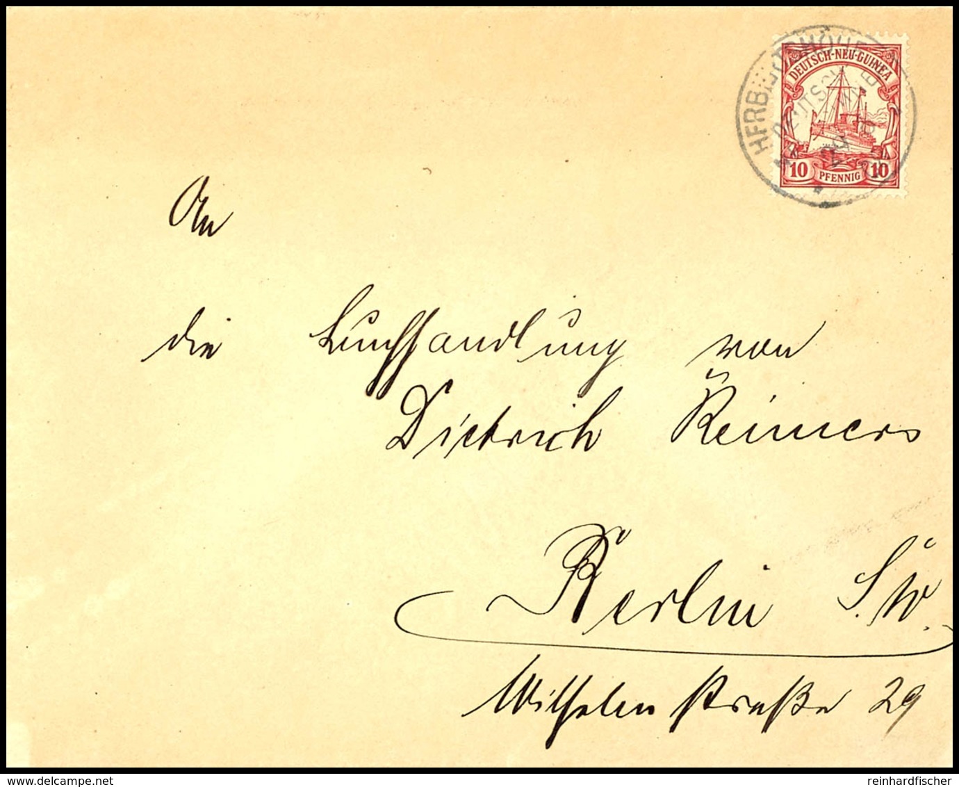 6414 10 Pfg Kaiseryacht Auf Brief, Stempel HERBERTSHÖHE DNG 29 6 08, Nach Berlin, Rückseitig Blaue Vignette "KAISERL.GOU - Deutsch-Neuguinea