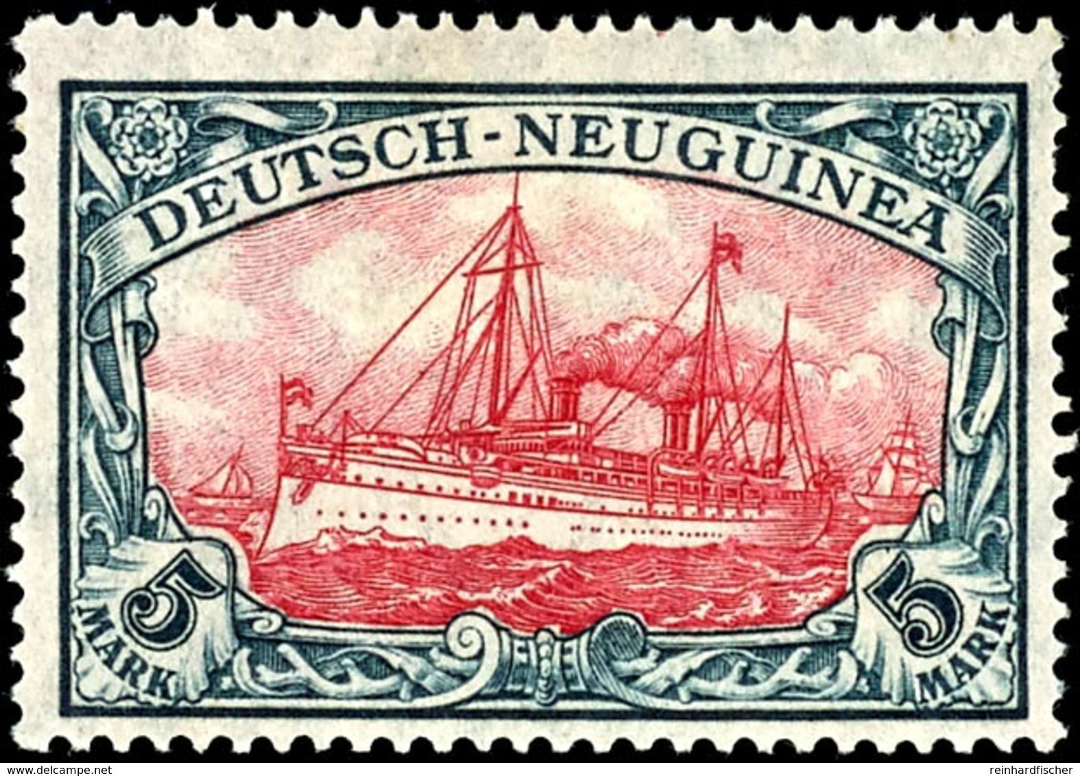 6429 5 RM Schiffszeichnung Mit Wasserzeichen, Kriegsdruck, Mittelstück Type III, Fotoattest Jäschke-Lantelme BPP: " Farb - Deutsch-Neuguinea