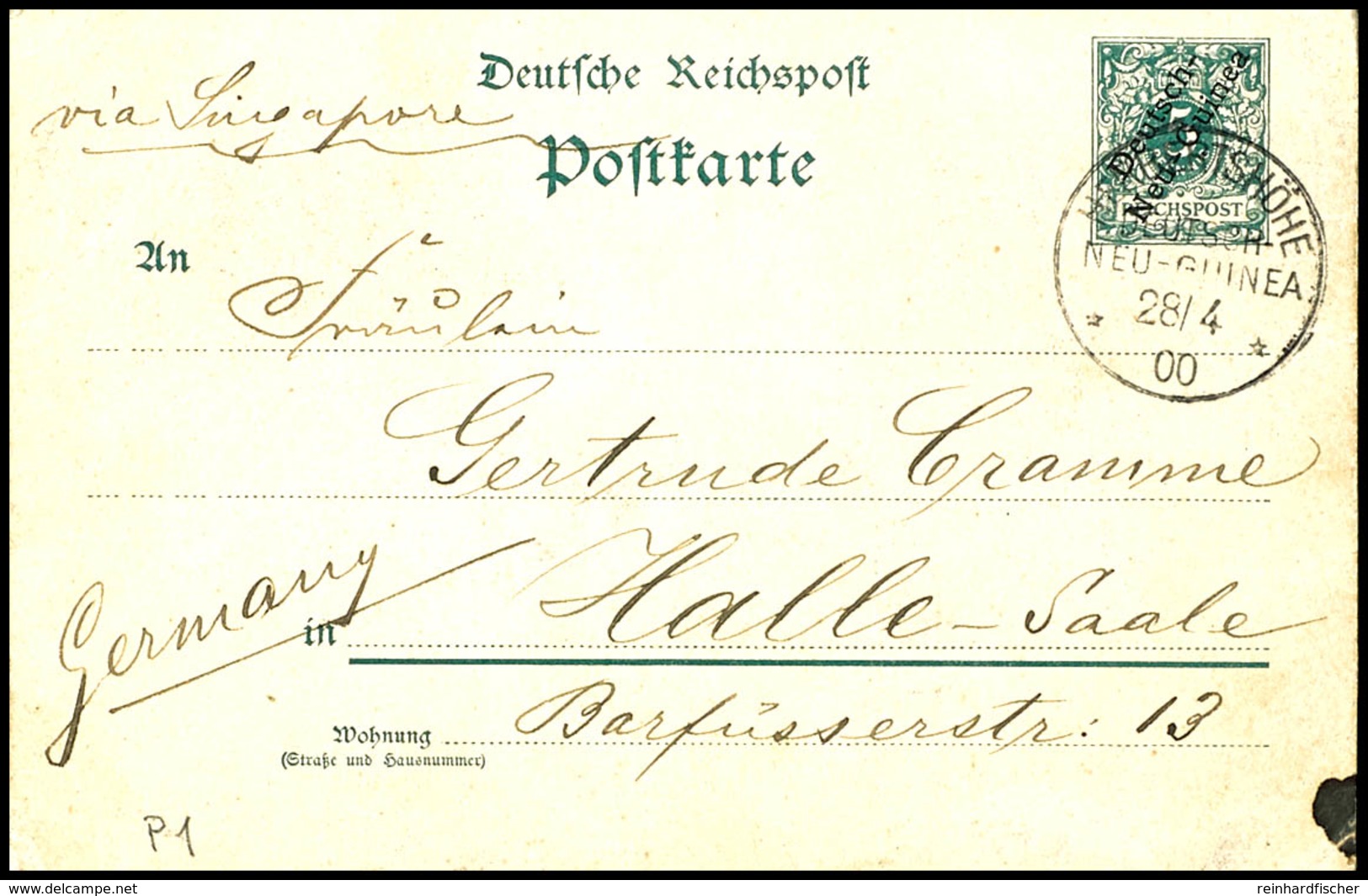 6432 Karte 5 Pfg Krone/Adler Mit Aufdruck, Stempel HERBERTSHÖHE DNG 28/4 00 Nach Halle/Saale. Die Karte Mit Interessante - Deutsch-Neuguinea