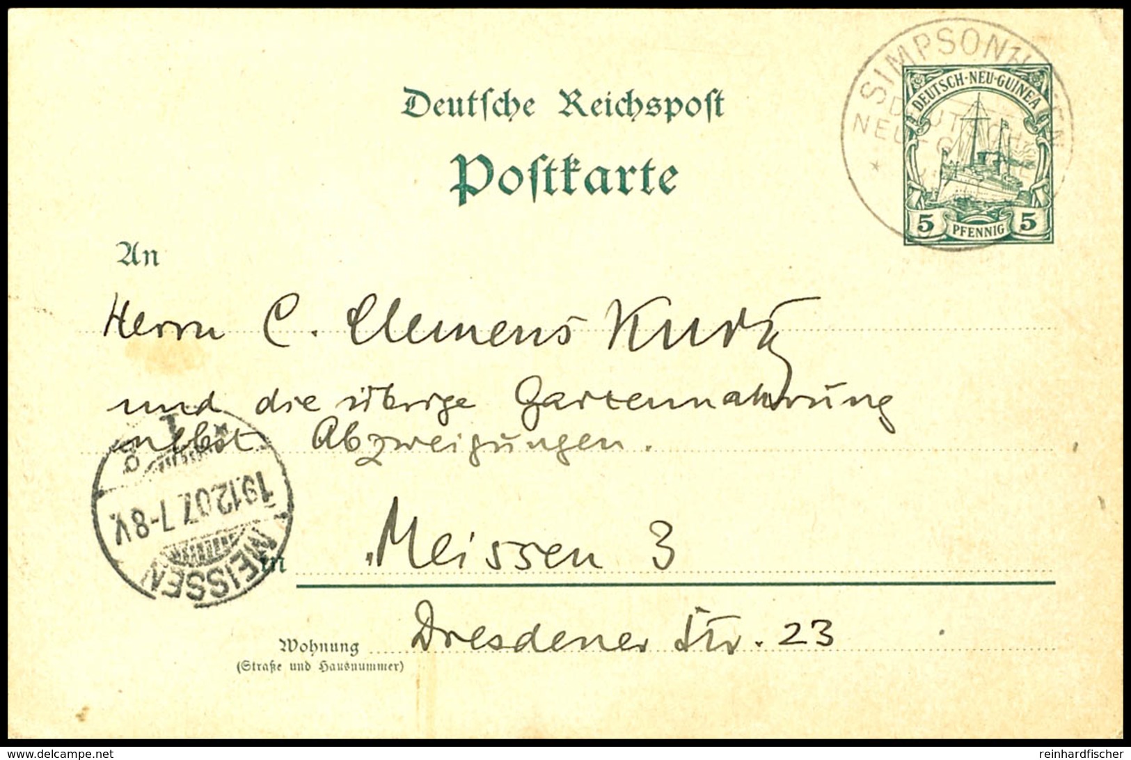 6435 5 Pfg Kaiseryacht - Karte , Stempel SIMPSONHAFEN DNG (Datum Nicht Lesbar, Geschrieben Am 29.X.07), Nach Meisssen, K - Duits-Nieuw-Guinea