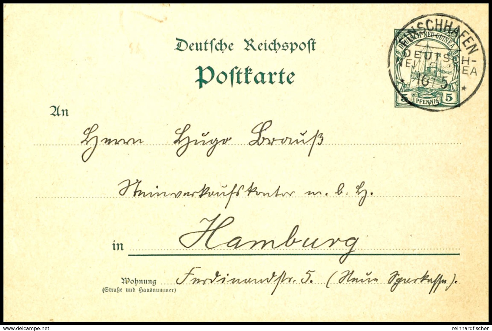 6437 5 Pfg Karte Kaiseryacht Von FINSCHHAFEN DNG 16/5/13 Nach Hamburg. Absenderangabe: "Sattelberg" Und "Mangawa-Umboi"  - German New Guinea
