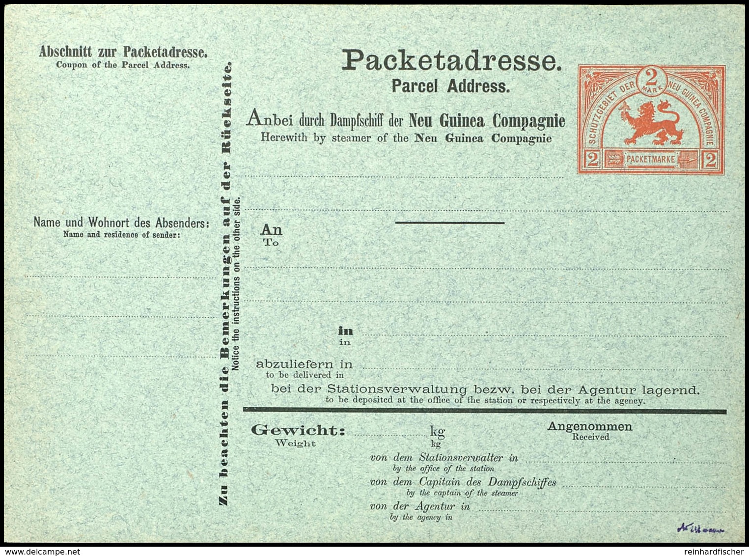 6442 2 Mark Rot, Vorläufer, Paketkarte Der Neu Guinea Compagnie, Ungebraucht, Sign. Willmann, Katalog: 1 BF - German New Guinea