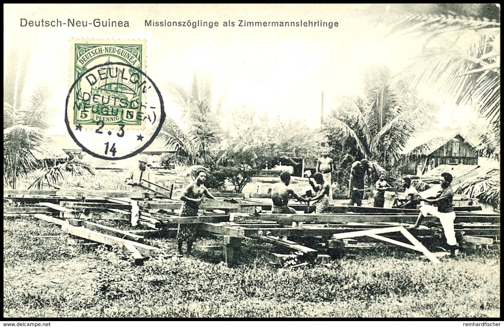 6466 DEULON (DNG) 2.3.14 Auf AK "Missionszöglinge Als Zimmermannslehrlinge" Mit 5 Pfg Kaiseryacht (bildseitig Verklebt)  - Deutsch-Neuguinea