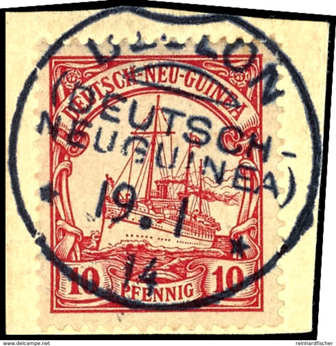 6467 DEULON 19.1 14, Klar Und Zentr. Auf Briefstück 10 Pf. Schiffszeichnung, Gepr. Dr. Lantelme BPP, Katalog: 9 BS - Duits-Nieuw-Guinea