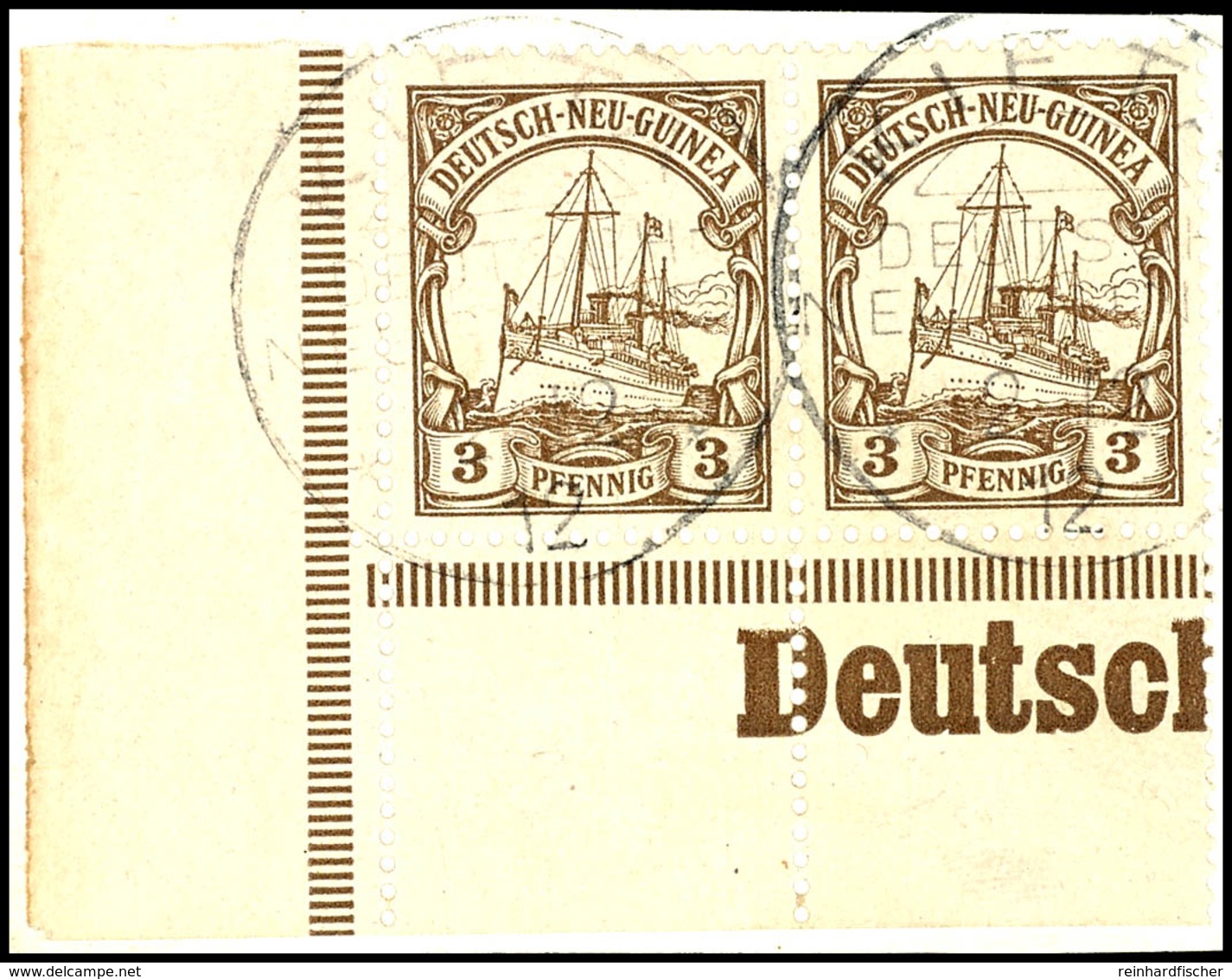 6505 KIETA 2.12 12, Je  Klar Und Zentr. Auf  Briefstück Linkes Unteres Eckrandpaar 3 Pf. Schiffszeichnung, Katalog: 7(2) - German New Guinea