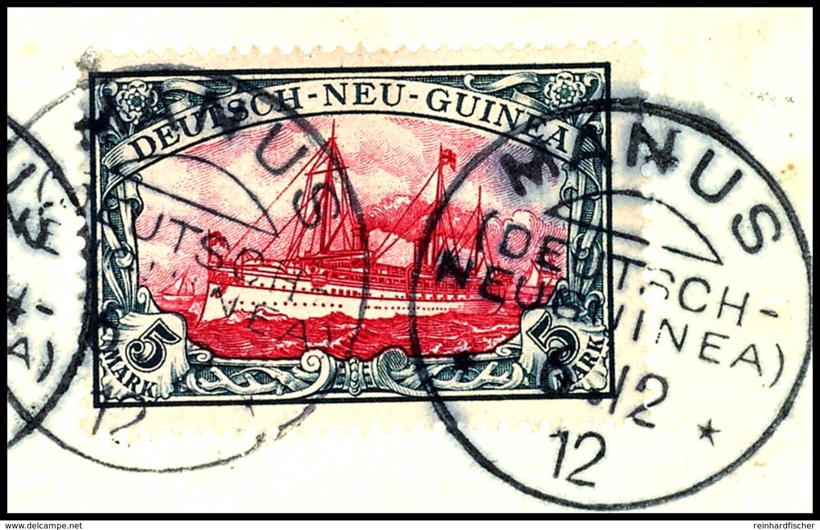 6509 MANUS 6.12 12, 2mal Klar  Vom Eröffnungstag Auf Briefstück 5 Mk. Schiffszeichnung, Sign Köhler, Katalog: 19 BS - German New Guinea