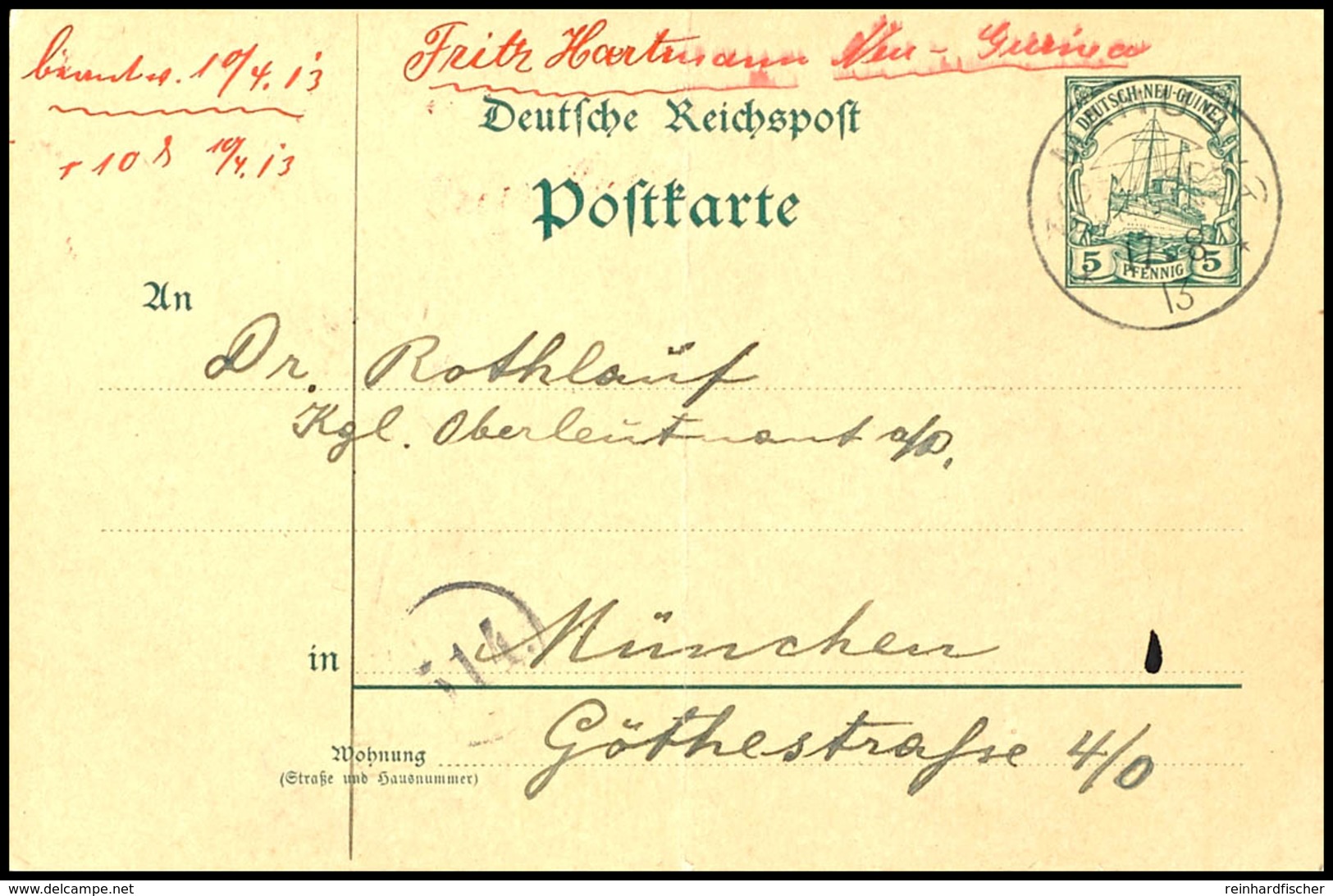 6511 MANUS, Postkarte 5 Pfg Kaiseryacht (nicht Störender Senkrechter Mittelknick), Stempel MANUS 18 8 13, Nach München.  - Deutsch-Neuguinea