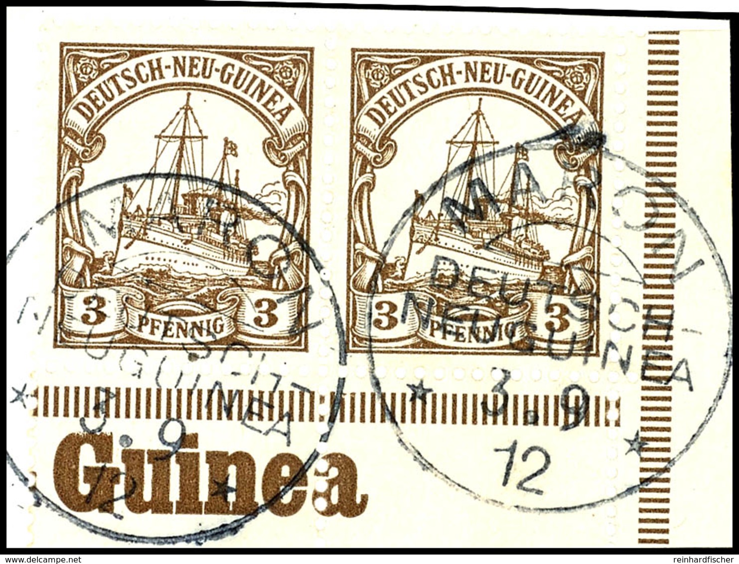 6515 MARON 3.9 12, Je Klar Und Zentr. Auf Briefstück Waager. Rechtes Unteres Eckrandpaar 3 Pf. Schiffszeichnung, Gepr. R - Duits-Nieuw-Guinea