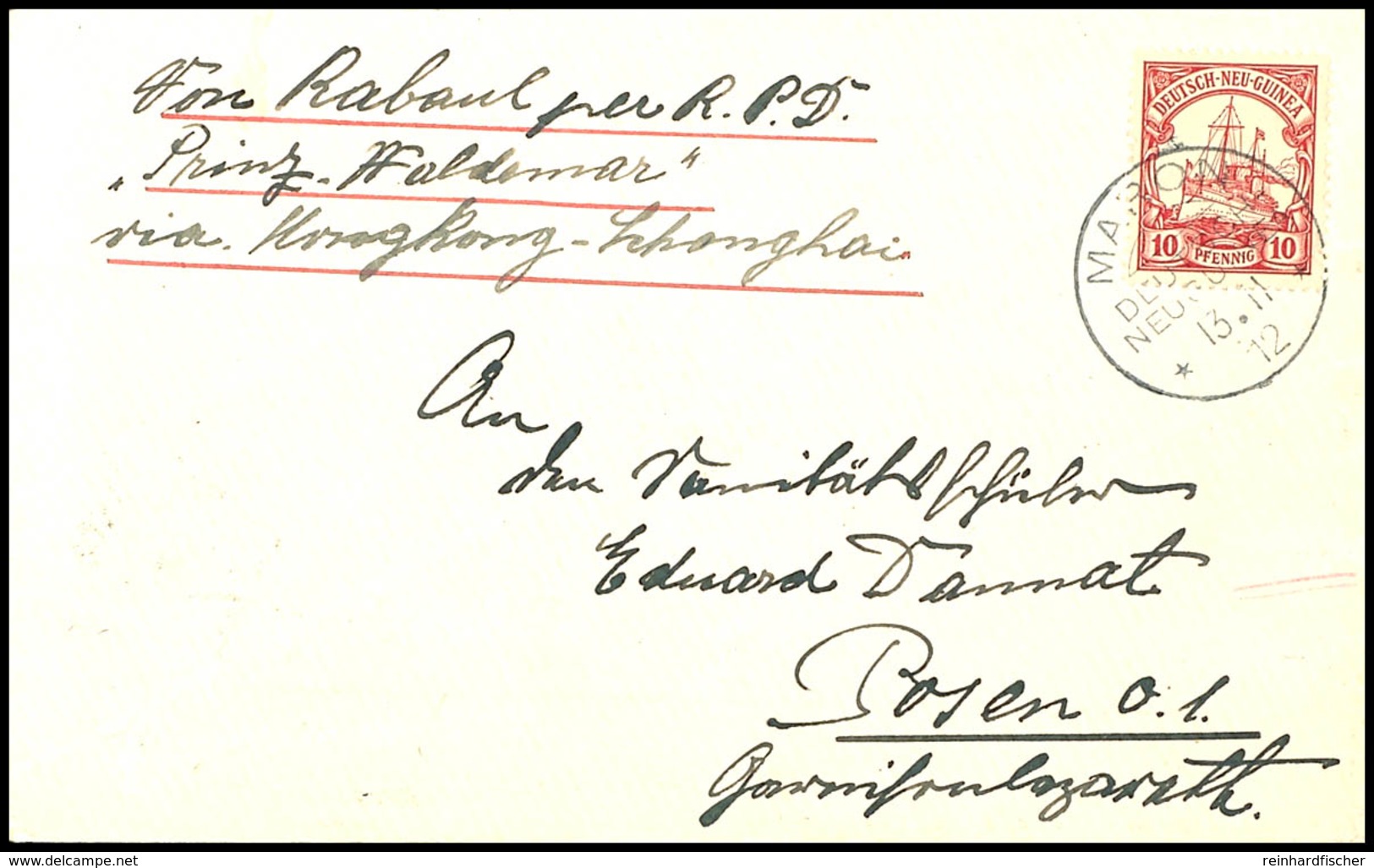 6517 MARON, 20 Pfg Kaiseryacht Auf Brief Mit Klarem Stempel MARON 13.11 12 Mit Vermerk "Von Rabaul Per R.P.D. 'Prinz Wal - Duits-Nieuw-Guinea