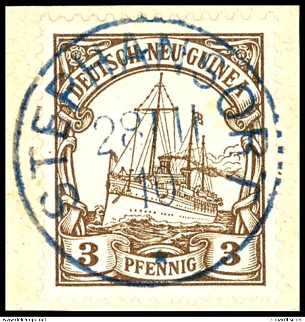 6551 STEPHANSORT* 28/II 10, Blau, Ideal Klar Und Zentr. Auf Briefstück 3 Pf. Schiffszeichnung, Katalog: 7  BS - Duits-Nieuw-Guinea