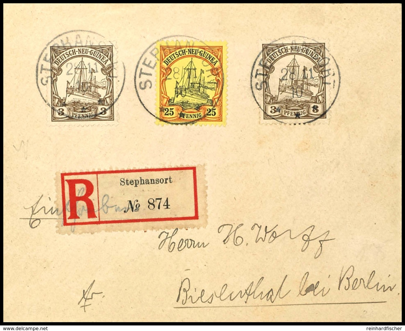 6553 STEPHANSORT, 3 Pfg (2) Und 25 Pfg Kaiseryacht Auf Einschreibebrief, Stempel STEPHANSORT*** 2/11 10, Nach Biesenthal - Duits-Nieuw-Guinea