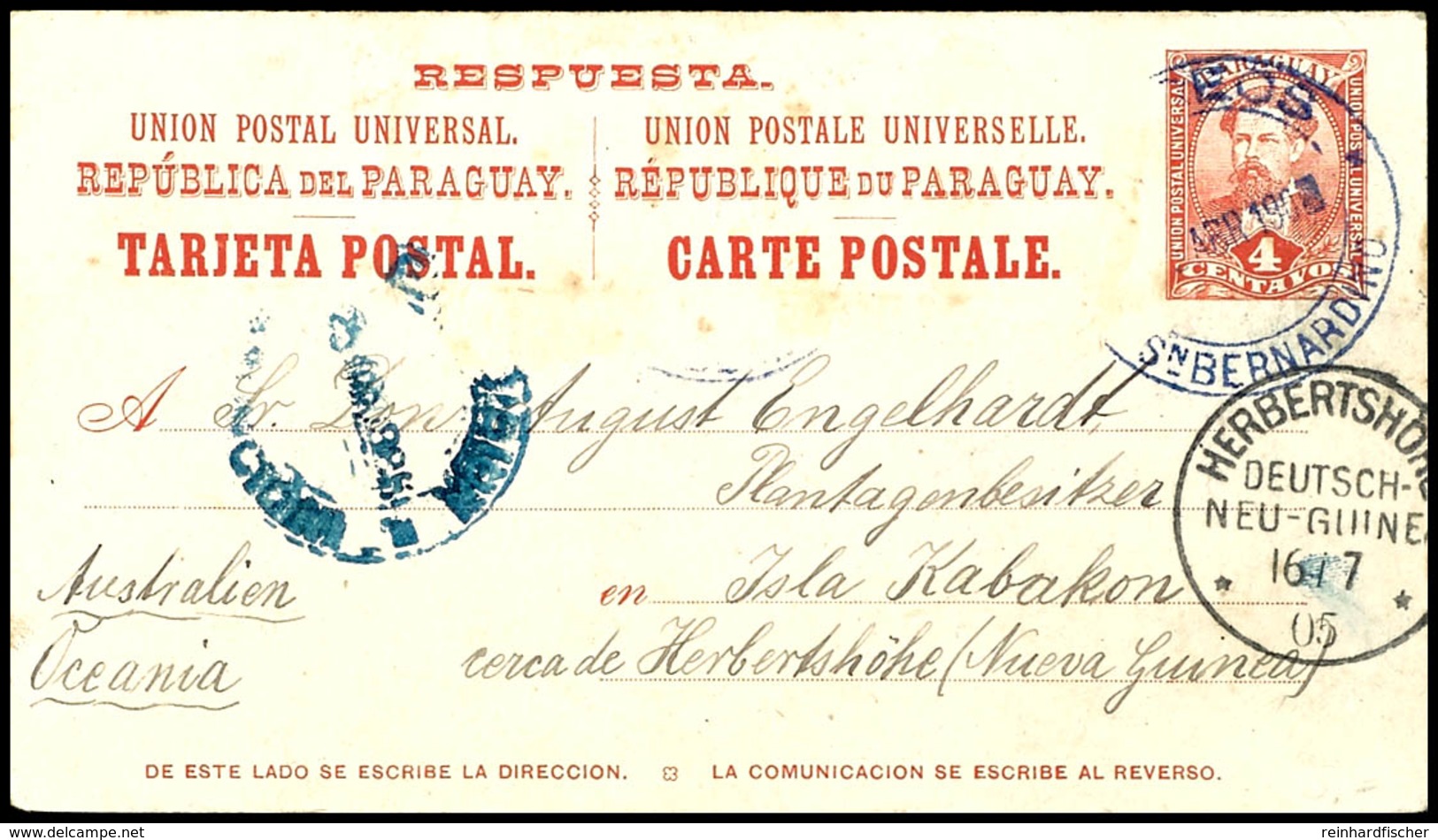 6591 Incoming Mail: 1905, Ganzsachenkarte  4 C (mehrere Zugeklebte Marken Abgefallen) Aus Paraguay Vom "Directeur De La  - Sonstige & Ohne Zuordnung