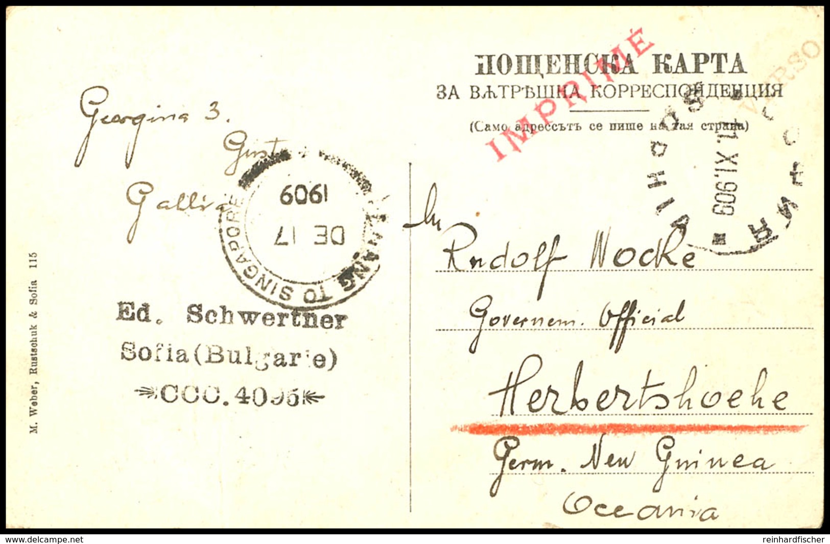 6597 Incoming Mail: 1909, Ansichtskarte (Militärschule) Aus Sofia/Bulgarien, Marken Bildseitig Verklebt, Nach Herbertshö - Andere & Zonder Classificatie