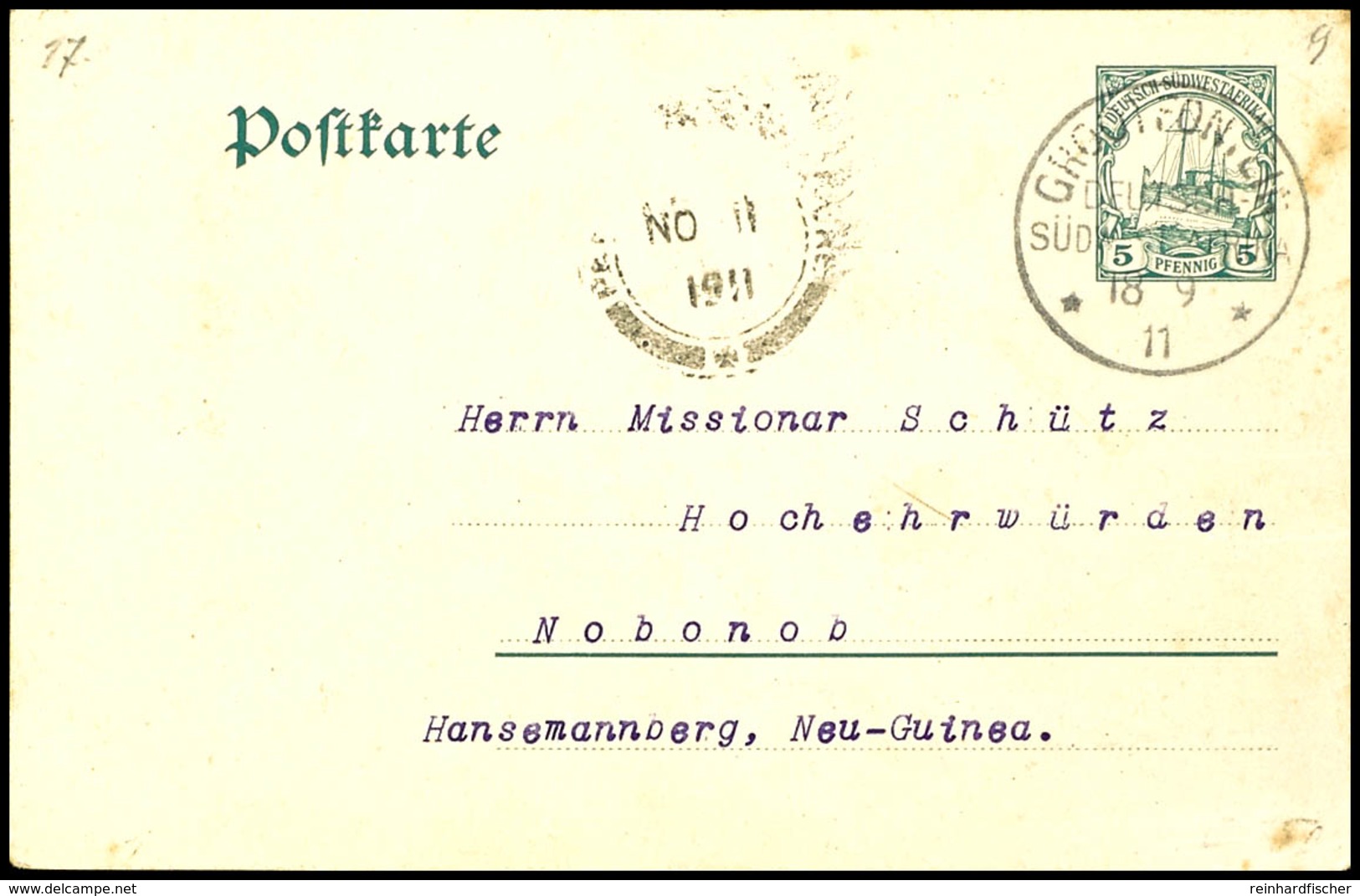 6598 Incoming Mail: 1910, Ganzsachenkarte 5 Pfg Kaiseryacht Von Deutsch-Südwestafrika (MiNr. P18), Stempel GROOTFONTEIN  - Andere & Zonder Classificatie