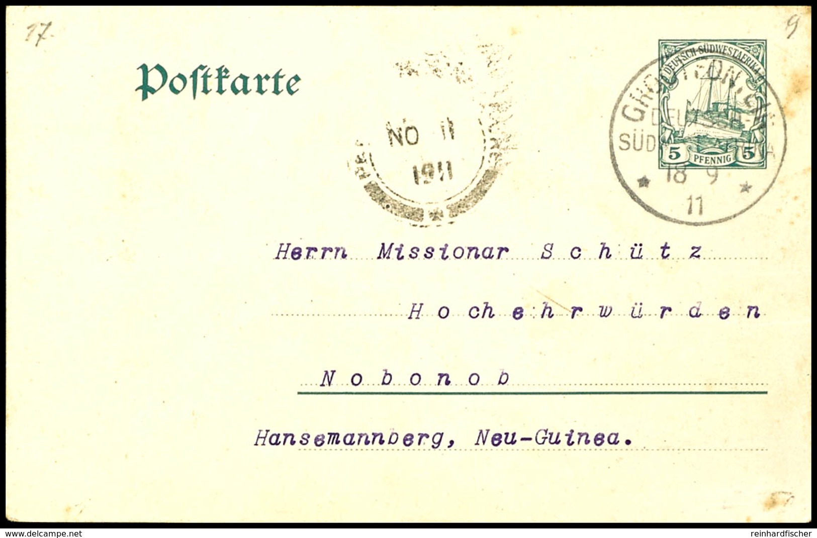 6598 Incoming Mail: 1910, Ganzsachenkarte 5 Pfg Kaiseryacht Von Deutsch-Südwestafrika (MiNr. P18), Stempel GROOTFONTEIN  - Other & Unclassified