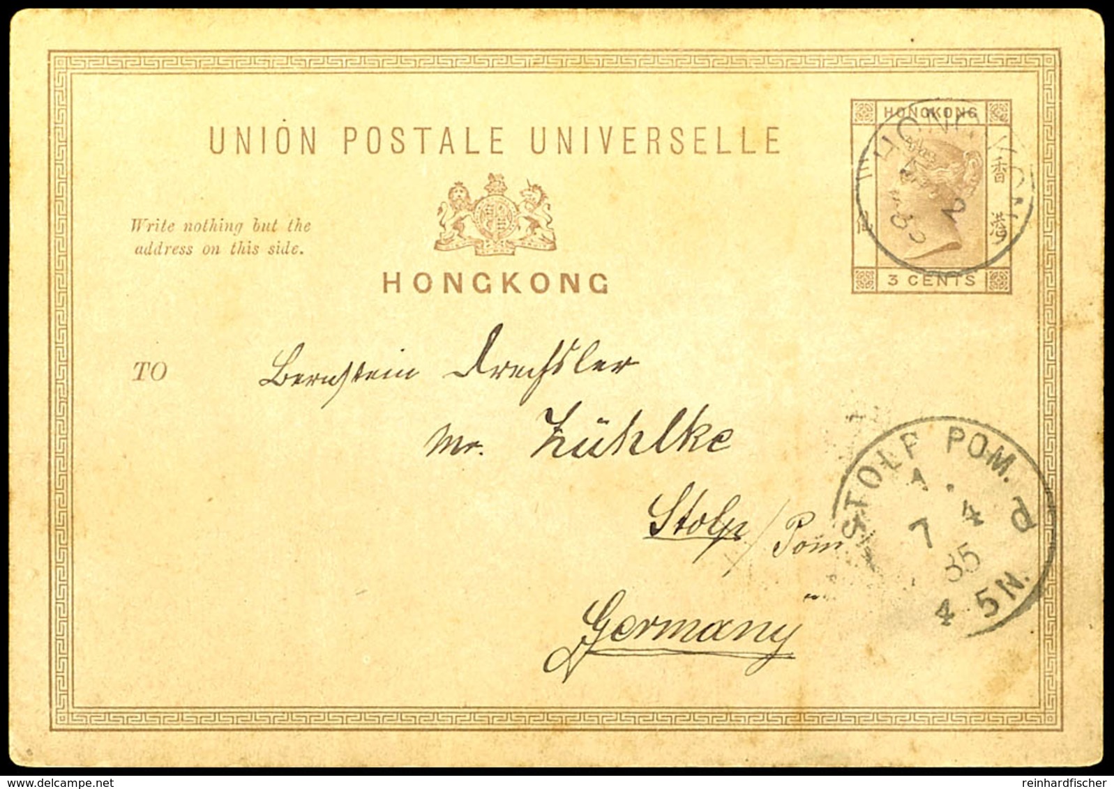 6599 1885, ERWERB DES BISMARCK-ARCHPELS: Postkarte Von Hongkong 3d QV Nach Stolp I. P. Ein Besatzungsmitglied Der Kreuze - Other & Unclassified