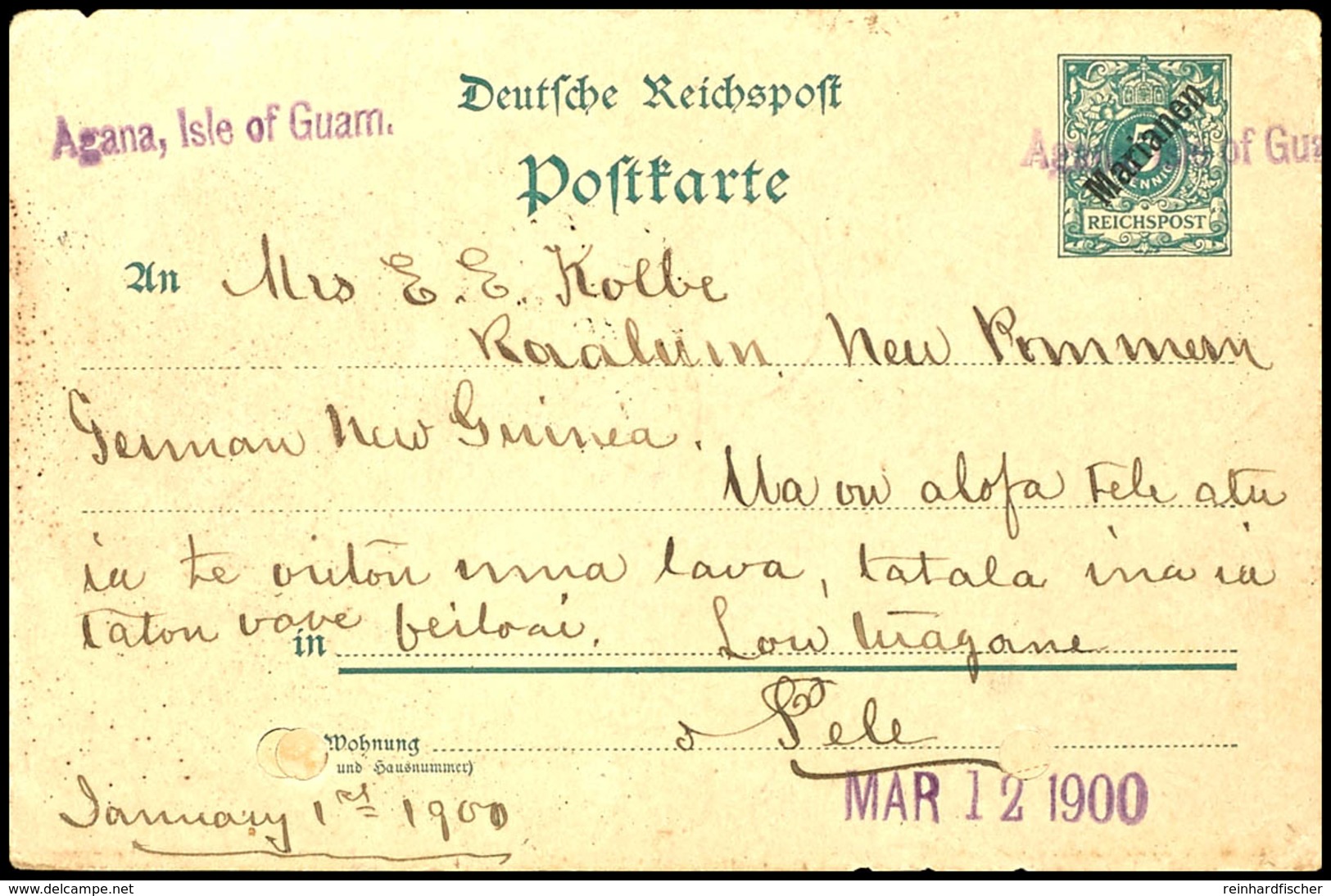 6604 INCOMING MAIL VON DEN MARIANEN: 1900, Ganzsachenkarte Der Marianen (MiNr. P5, 5 Pfg Grün), Mit Violettem L1 "Agana, - Andere & Zonder Classificatie
