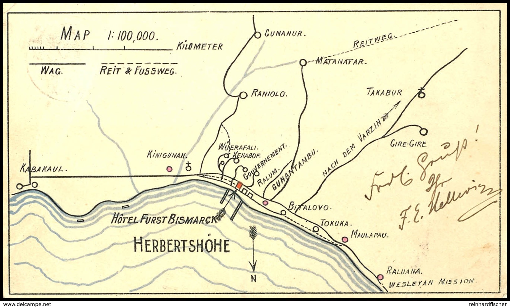 6605 1900, Selbstgezeichnete Landkarte (Postkarte) Von F.E. Hellwig - Bekannter Ethnologe, In DNG An Diversen Expedition - Andere & Zonder Classificatie