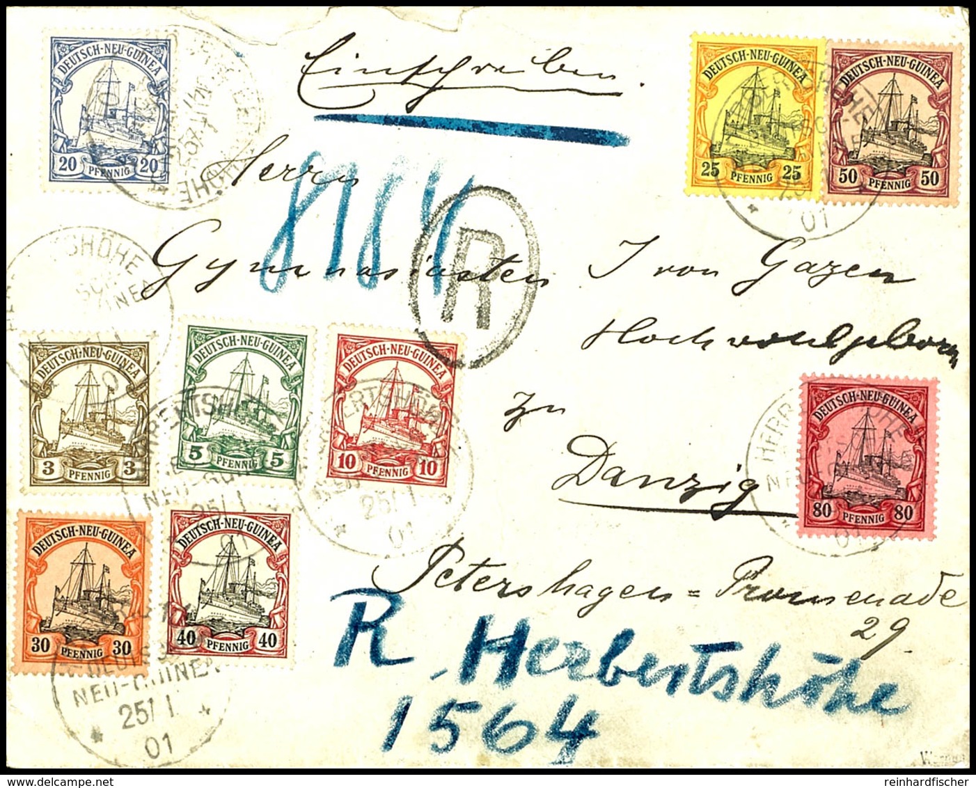 6612 1901, AUSHILFS-R-VERMERK: Brief Mit 3-80 Pfg Kaiseryacht, Stempel HERBERTSHÖHE DNG 25/1 01, über Sydney Nach Danzig - Sonstige & Ohne Zuordnung