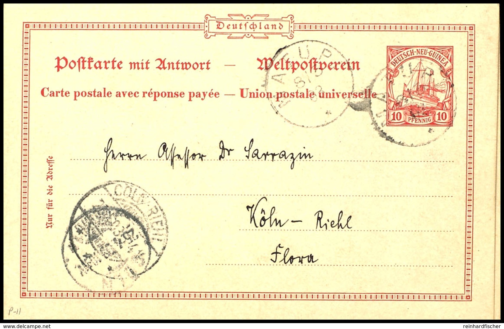 6616 1903, Ganzsachenkarte Mit Antwort 10/10 Pfg (Antwortteil Unbenutzt), Stempel MATUPI 8/3 03 Nach Köln Mit Ank.-Stemp - Andere & Zonder Classificatie