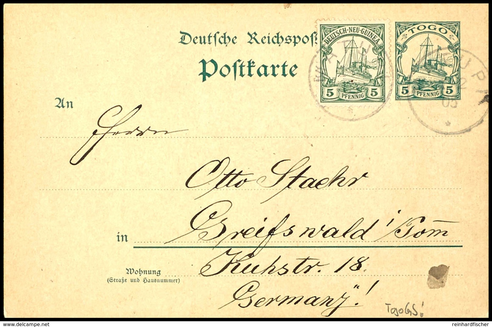 6624 1905, Postkarte 5 Pfg Kaiseryacht Von TOGO Mit "Zusatzfrankatur" 5 Pfg Kaiseryacht Von DNG, Stempel MATUPI 1/2 05 N - Andere & Zonder Classificatie