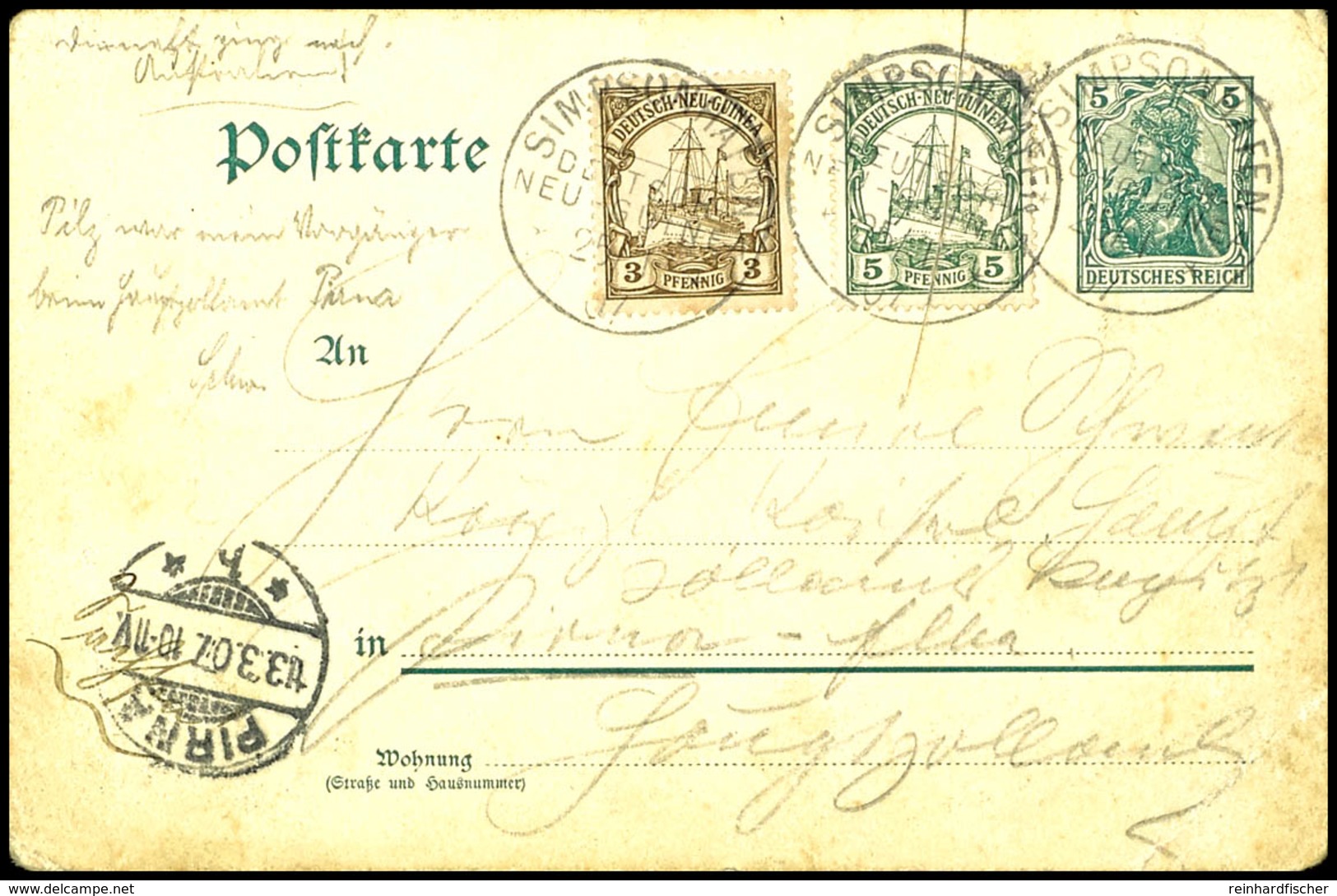 6633 1907, Kaiseryacht 3 Pfg Und 5 Pfg Auf DR Germania-Postkarte 5 Pfg, Stempel SIMPSONHAFEN 25/1 07, Nach Pirna. Auf De - Sonstige & Ohne Zuordnung